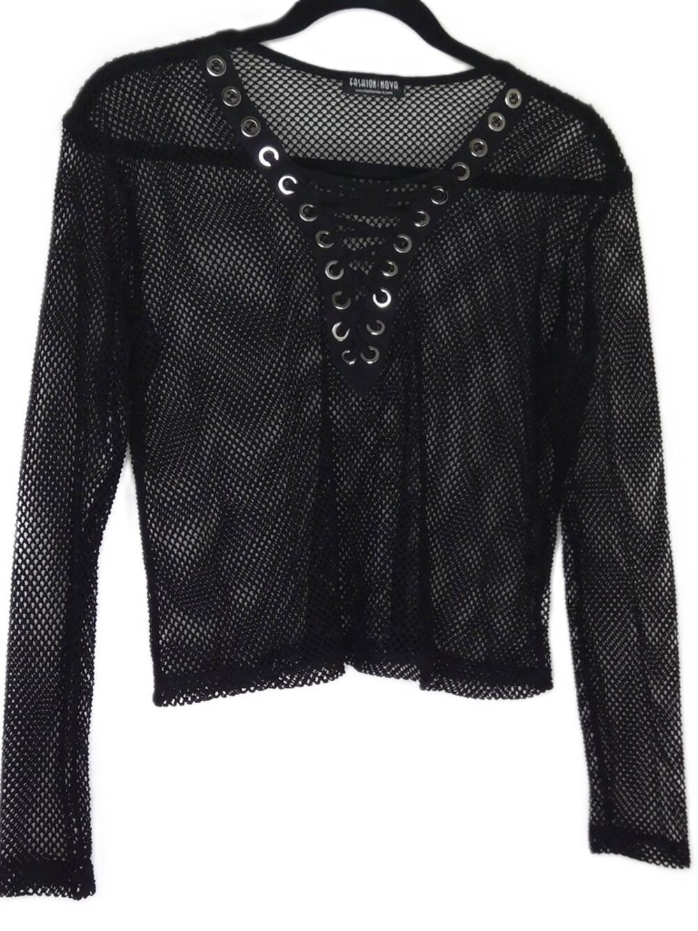 Fashion Nova Black Fishnet Lace Up Goth Crop Top Sheer Whimsigoth Festival Sz S